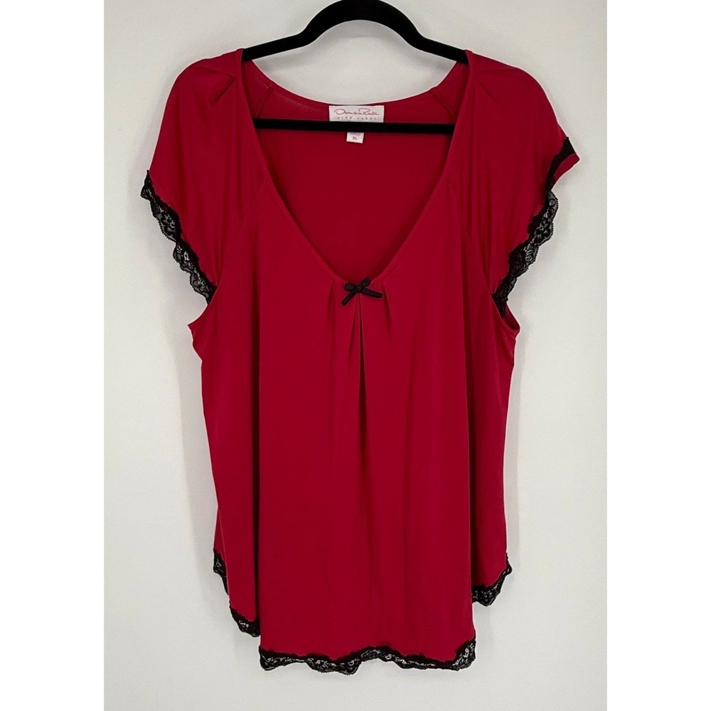 Oscar de la Renta Shirt Womens XL Red Black Lace Elegant Pajama Designer Sexy